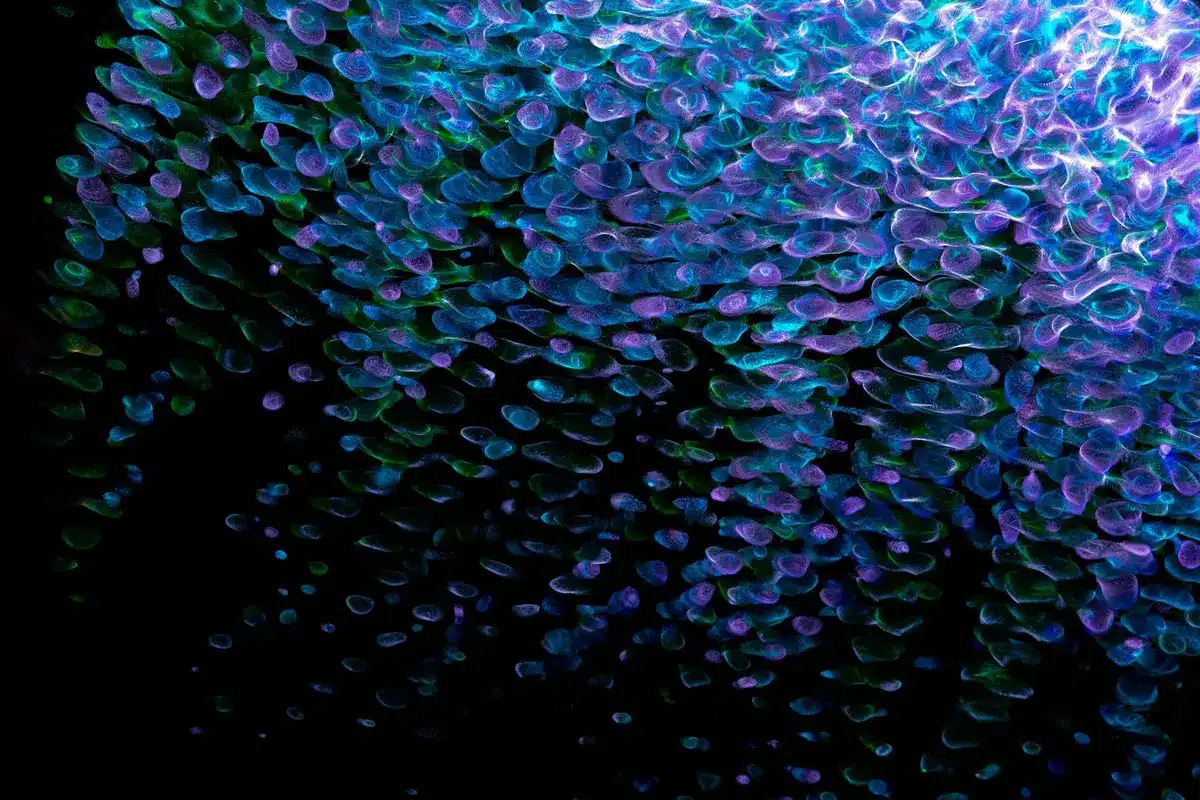 Efecto visual psicodélico con luces bioluminiscentes y tonos oníricos