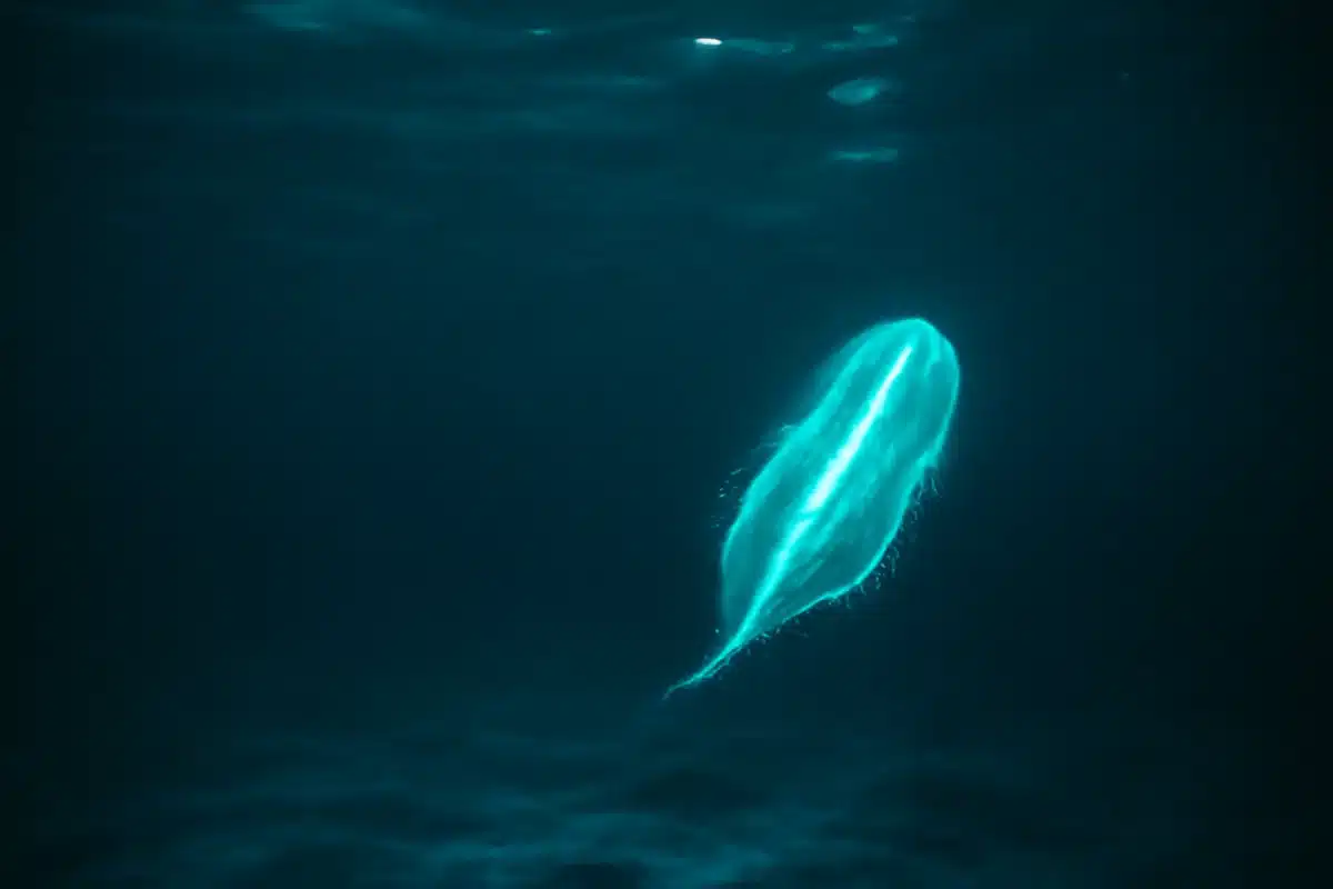 La película arranca con una imagen potente: la cámara sumergida en el Pacífico, seguida por una criatura bioluminiscente cuyo resplandor introduce desde el primer plano el tono extraño y sensorial del filme. Desde ahí se traslada al apartamento compartido por