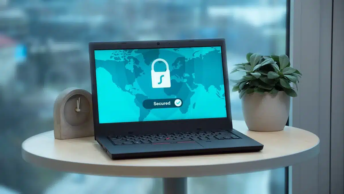 Portátil con símbolos de privacidad y seguridad de datos en pantalla