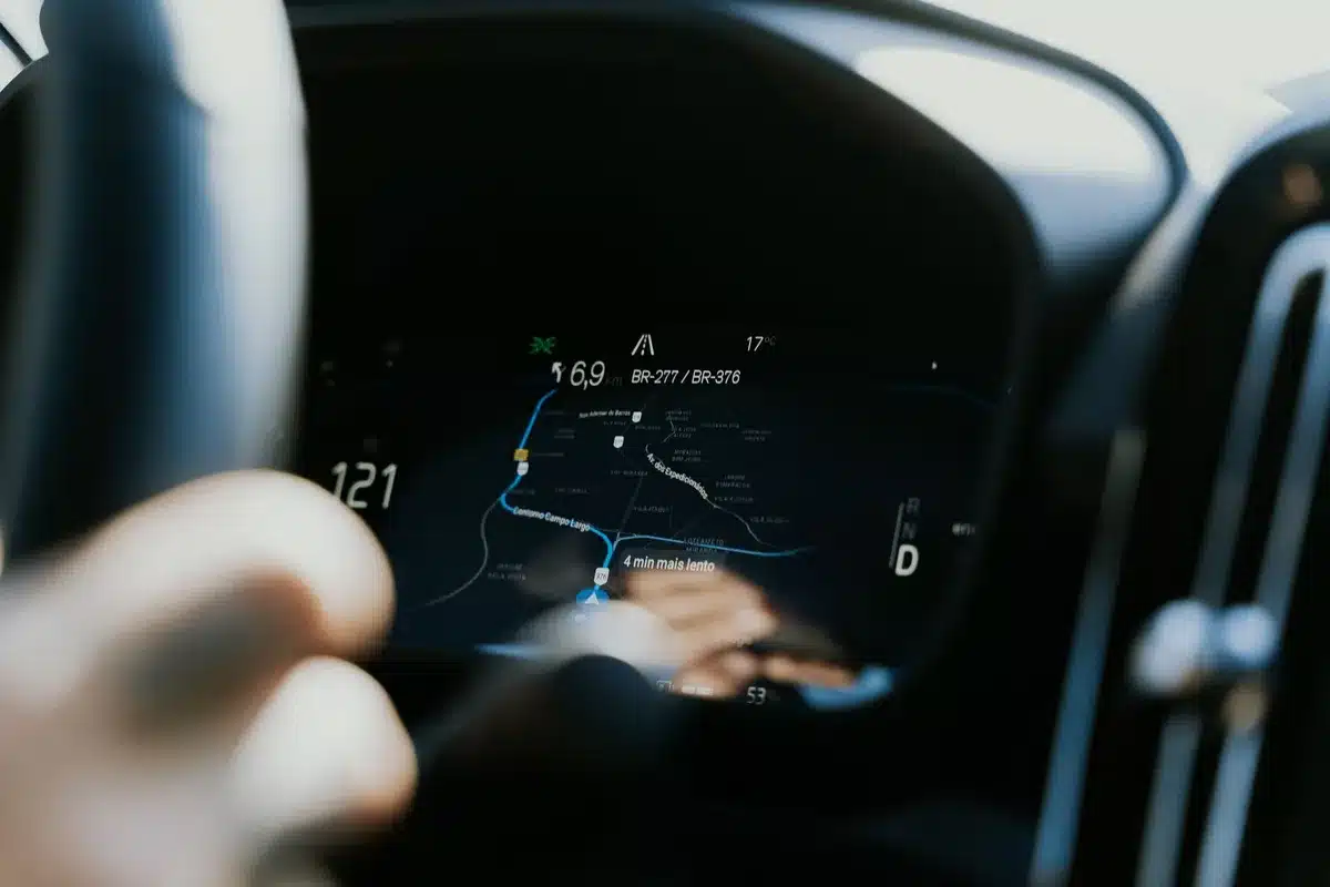 Laptop screen displaying a map with a highlighted privacy zone radius around a home location icon. Blurred background. Clean, professional interface.
