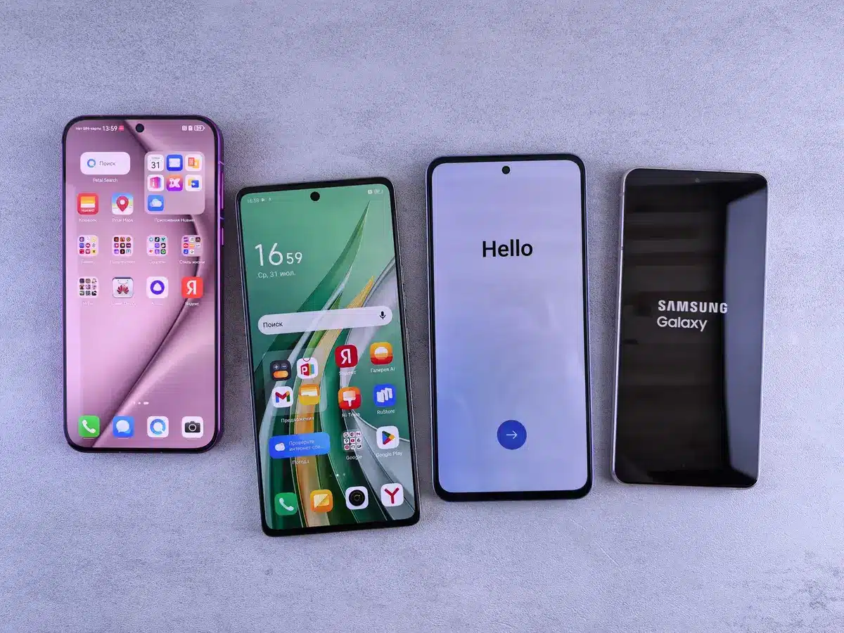 Modern smartphone on minimalist desk surface with professional lighting, screen displaying vibrant interface, metallic finish catching light, tech-focused composition