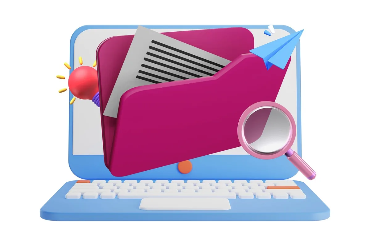 An empty desk with a closed laptop, a mouse and a floating small file icon near the screen suggesting drag action