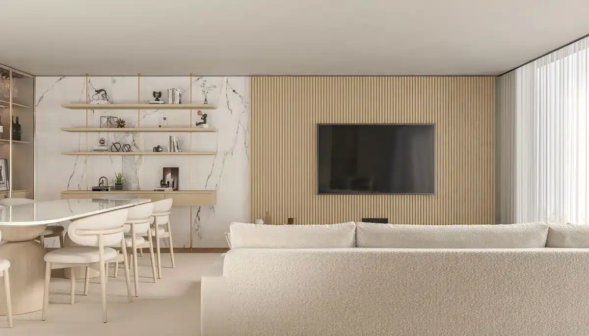 Anonymous living room scene with an unbranded TV showing a horror movie frame on one side and a romantic scene on the other, low depth of field