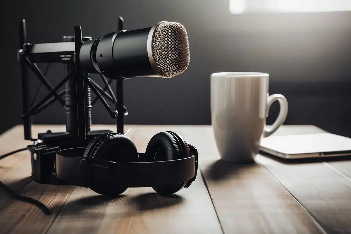 Micrófono en estudio de grabación junto a guion para doblaje