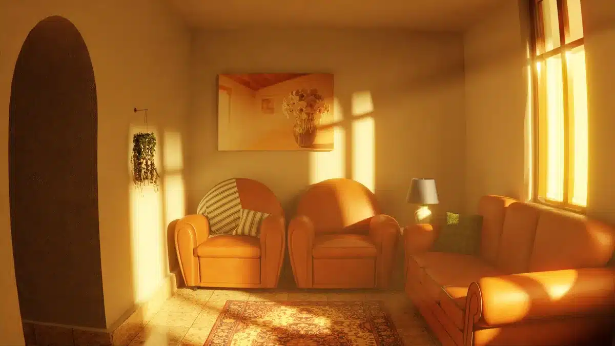 empty anime viewing room with an anonymous couch facing a glowing TV, stacked manga volumes on a low table, warm lamp glow