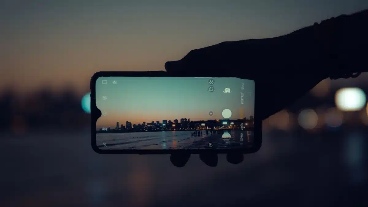 Close-up of an anonymous pair of hands holding a generic smartphone showing a blurred camera UI, telephoto lens icon visible but no brand or text