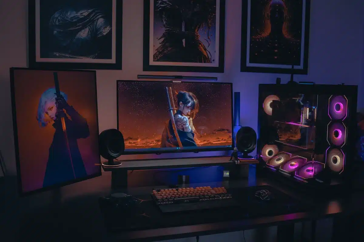 A deserted PC gaming desk with an unbranded gaming keyboard and a blank monitor showing a Steam library grid, an empty coffee mug to one side, evening light through a window